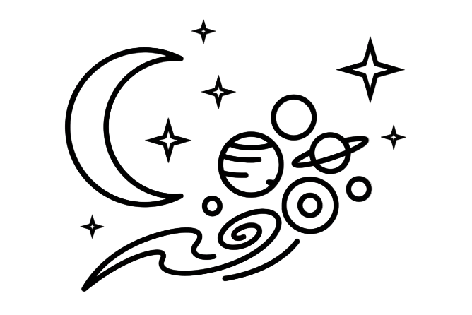 Simple line art of the night sky with a few large shapes.